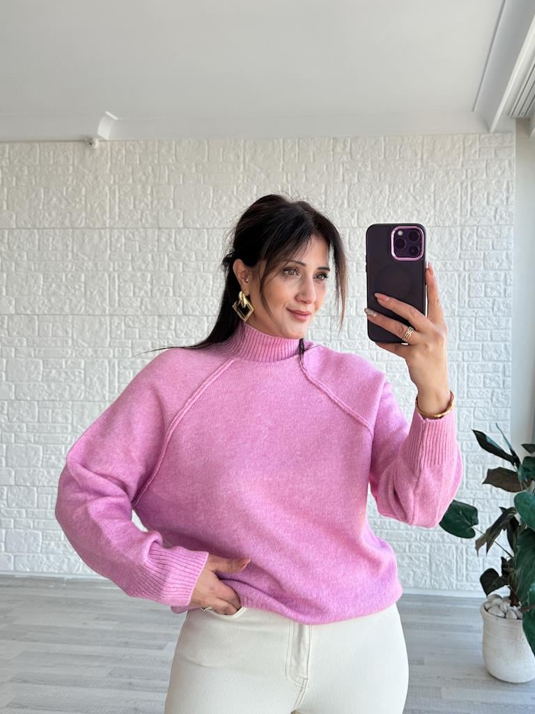 Orjinal Marka Yarım Balıkçı Yaka Reglan Kol Kazak Pembe