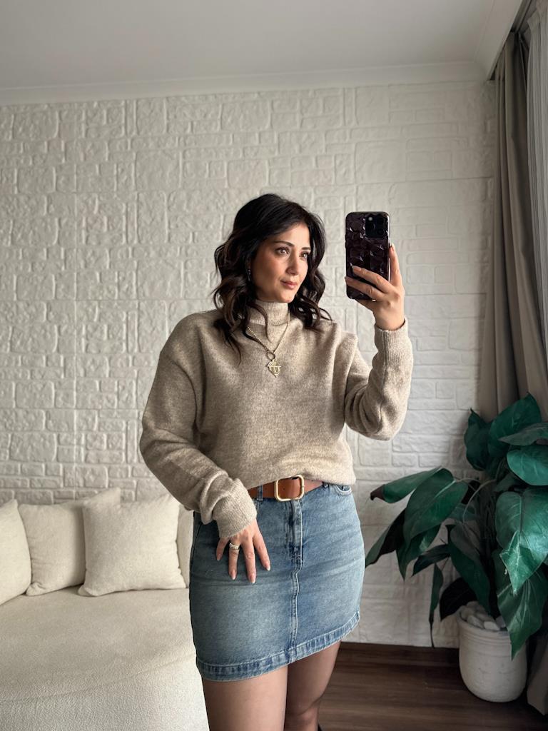 Orjinal Marka Yarım Balıkçı Yün Kazak Bej