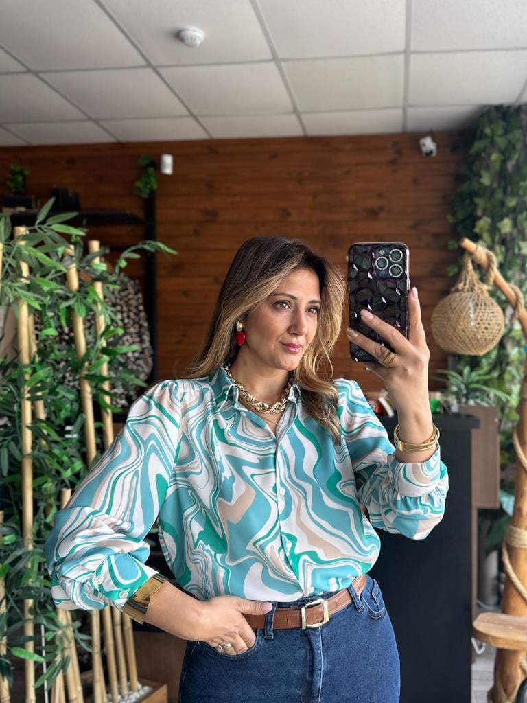 Orjinal Marka Yeşil Krem Desenli Gömlek