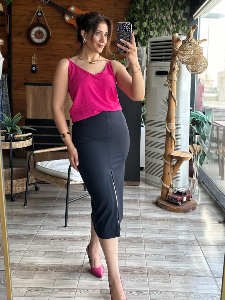 Orjinal Marka Yırtmaç Detay Midi Boy Etek Lacivert