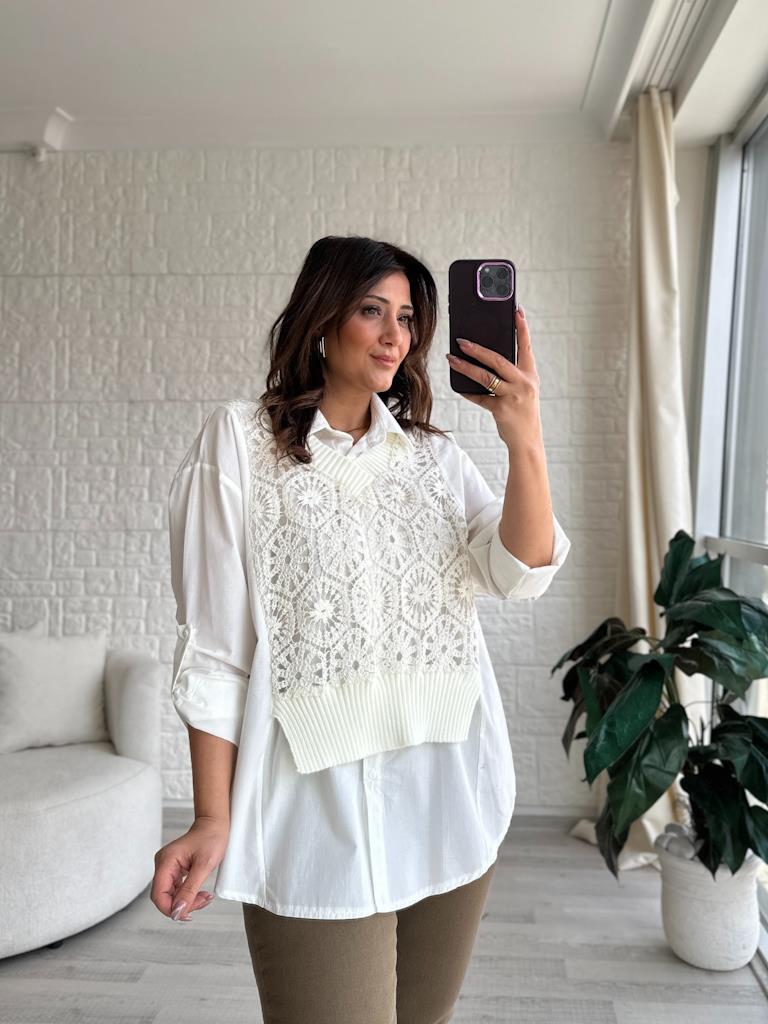 Örme Süveter Detaylı %100 Pamuk Poplin Gömlek