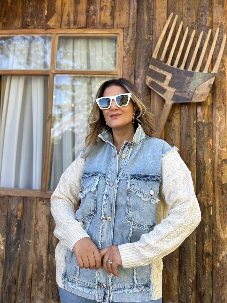 Örme Triko Garnili Tasarım Düğmeli Jean Ceket