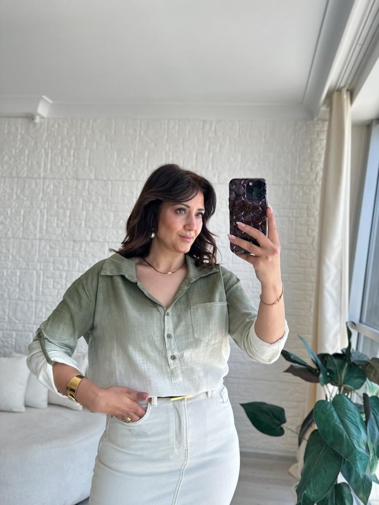 Otantik Batik Model Keten Gömlek Haki Yeşil