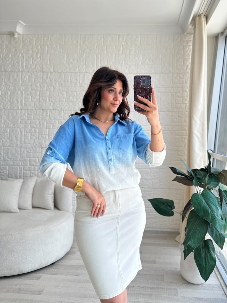 Otantik Batik Model Keten Gömlek Mavi