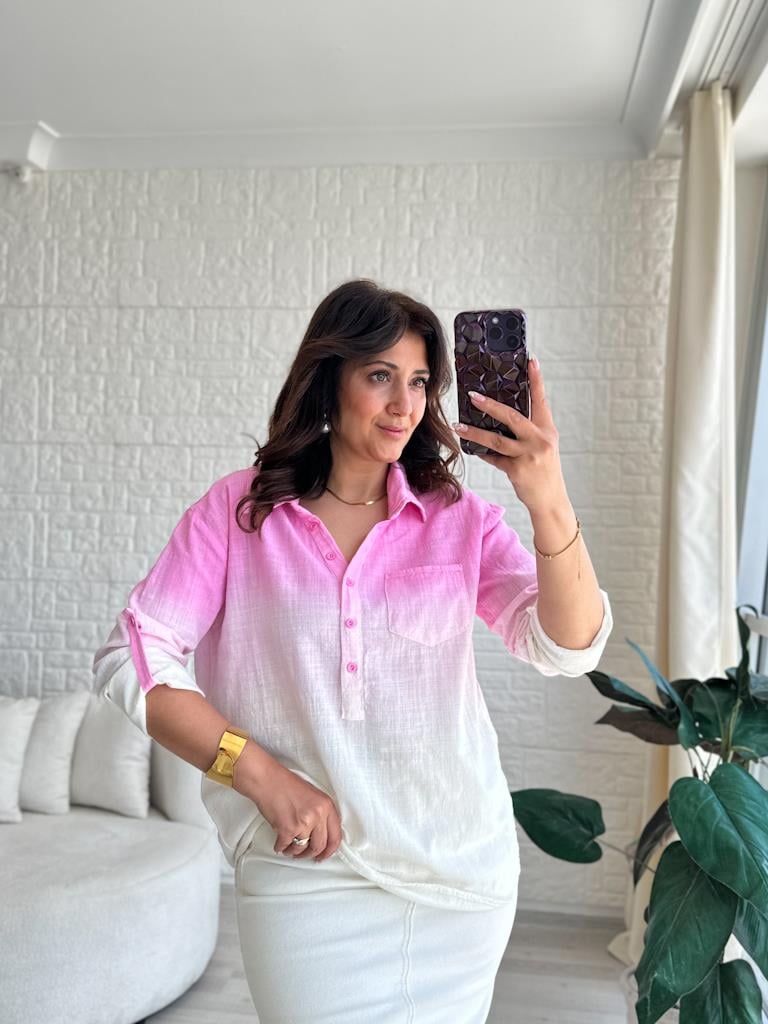 Otantik Batik Model Keten Gömlek Pembe