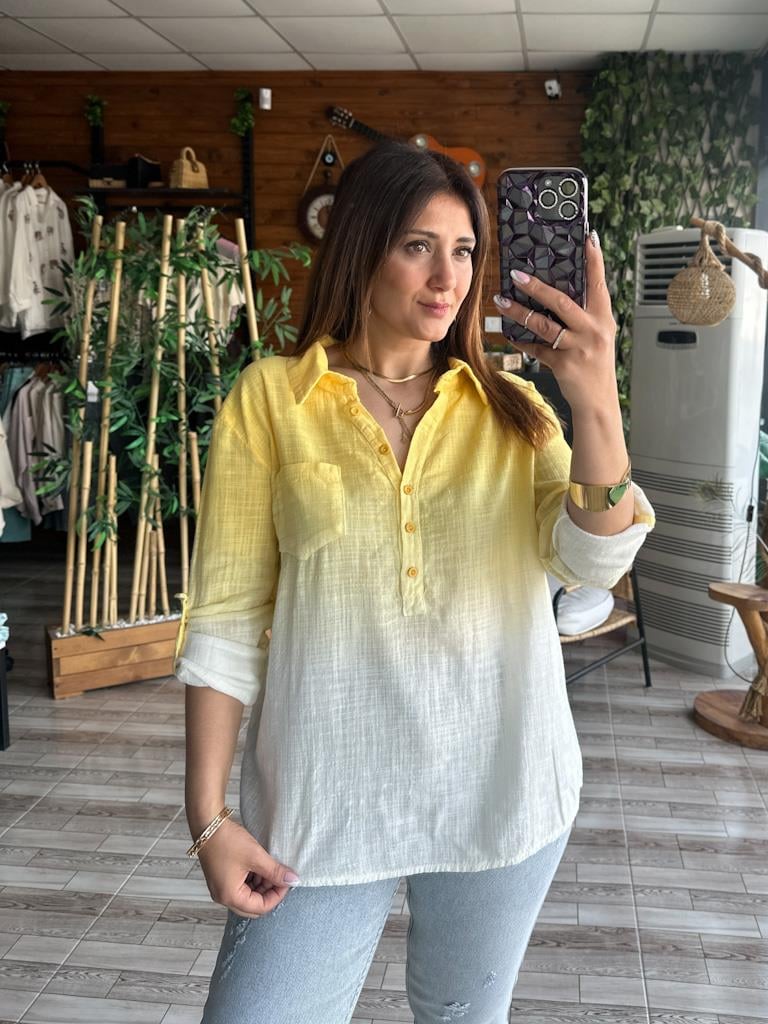 Otantik Batik Model Keten Gömlek Sarı