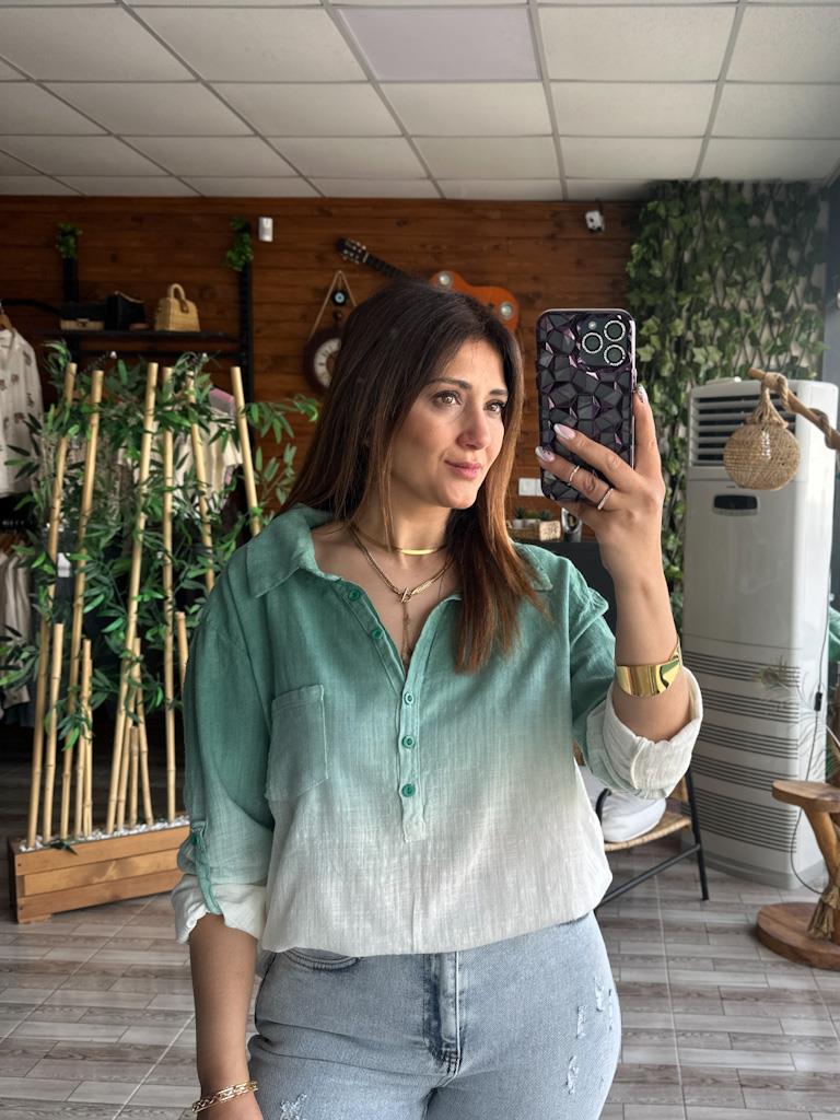 Otantik Batik Model Keten Gömlek Yeşil