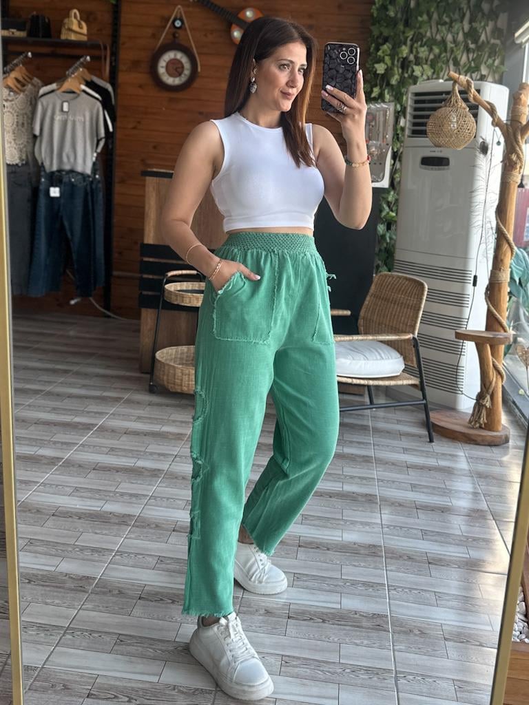 Otantik Keten File Püskül Detay Pantolon Yeşil