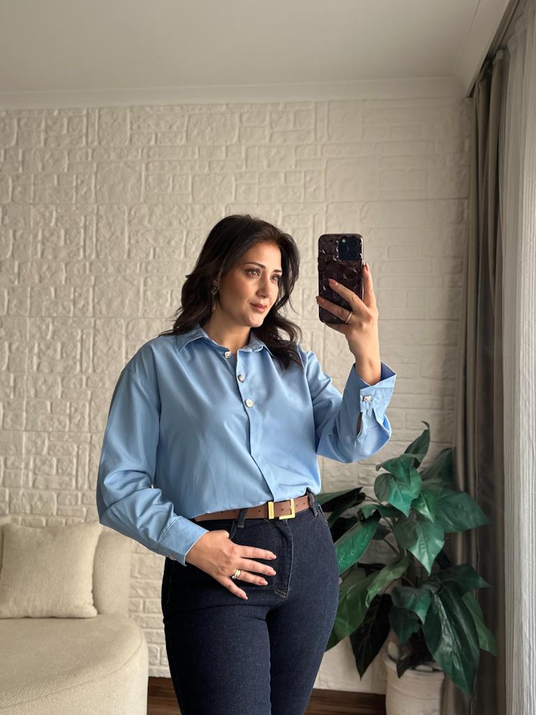 Oversize Gold Düğme Poplin Gömlek Mavi