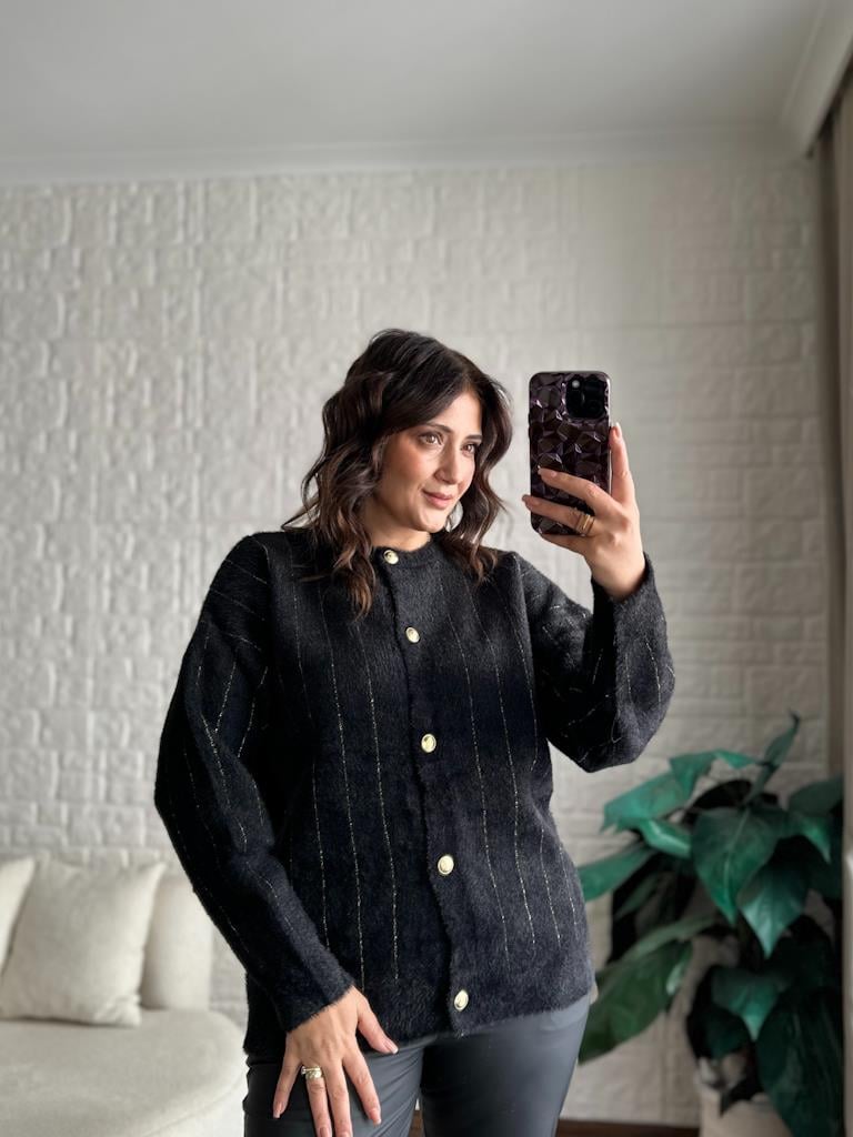 Oversize Gold Sim Çizgili Yumoş Hırka Siyah