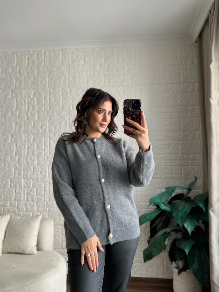 Oversize Gold Sim Çizgili Yumoş Hırka Gri