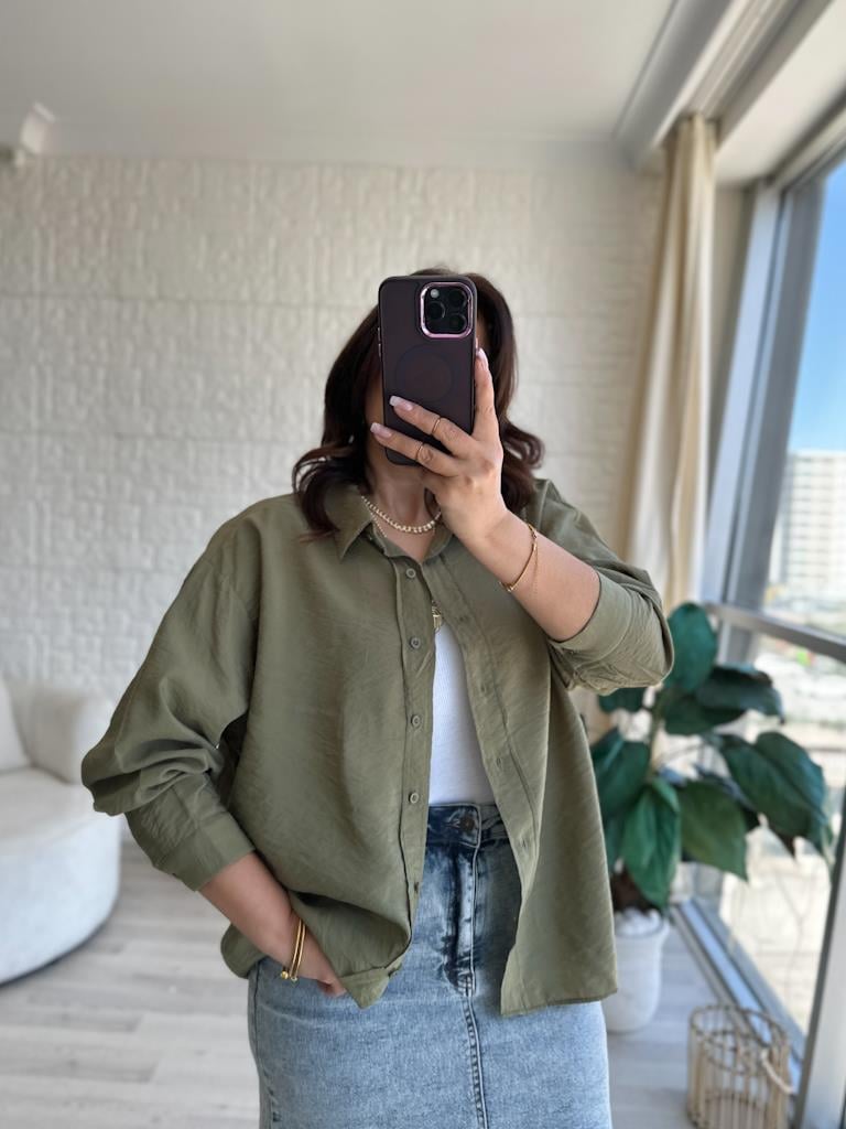 Oversize Salaş Kalıp Modal Gömlek Haki Yeşil