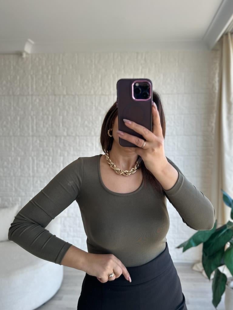 Oys U Yaka Modal Bluz Haki Yeşil