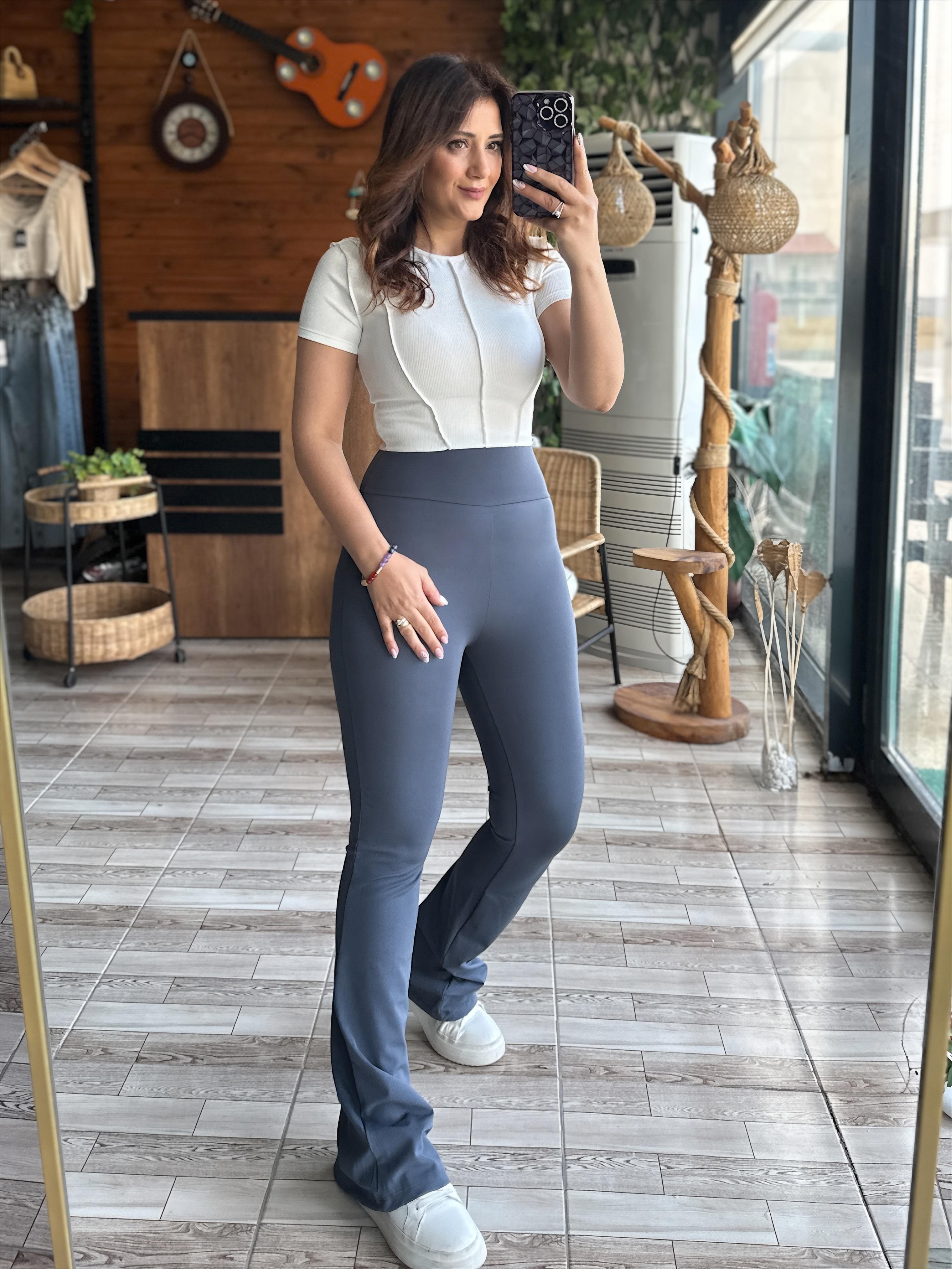 Oysh İspanyol Paça Full Likralı Yüksek Bel Tayt Gri