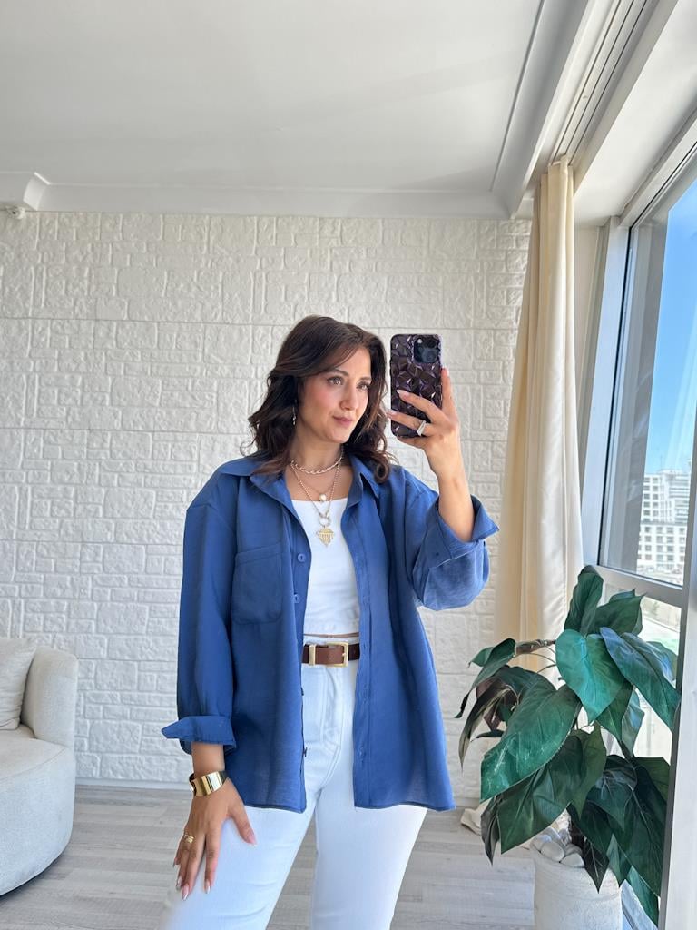 Özel Seri Cepli Modal Kumaş Salaş Gömlek İndigo Mavi