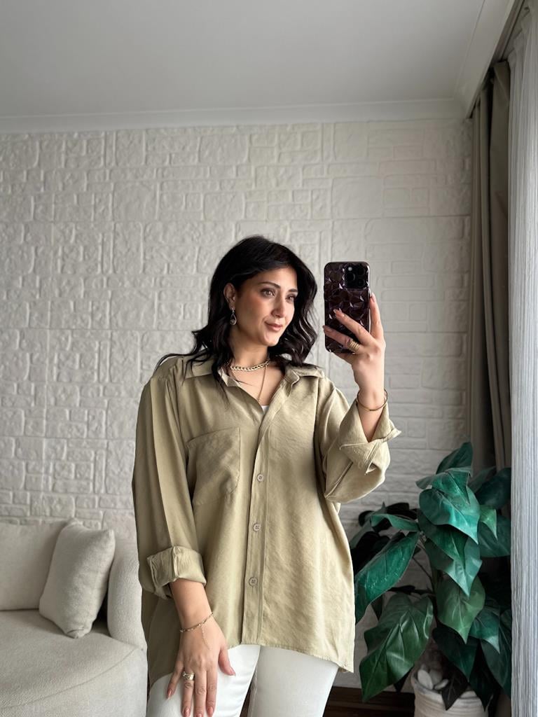 Özel Seri Cepli Modal Kumaş Salaş Gömlek Açık Zeytin Yeşil