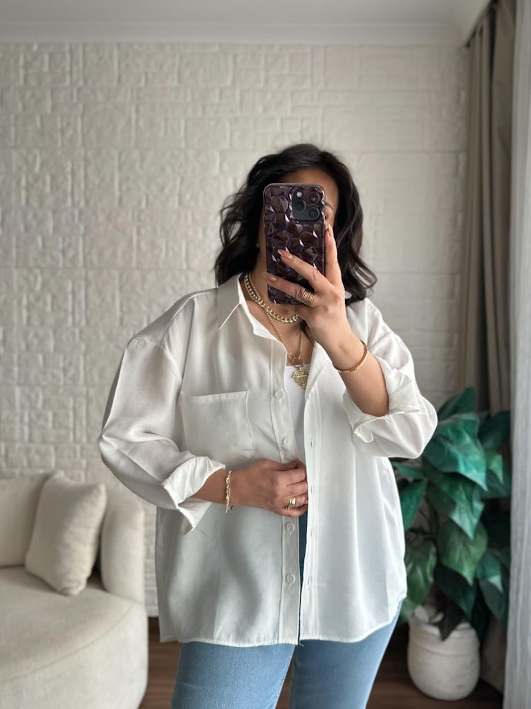 Özel Seri Cepli Modal Kumaş Salaş Gömlek Beyaz