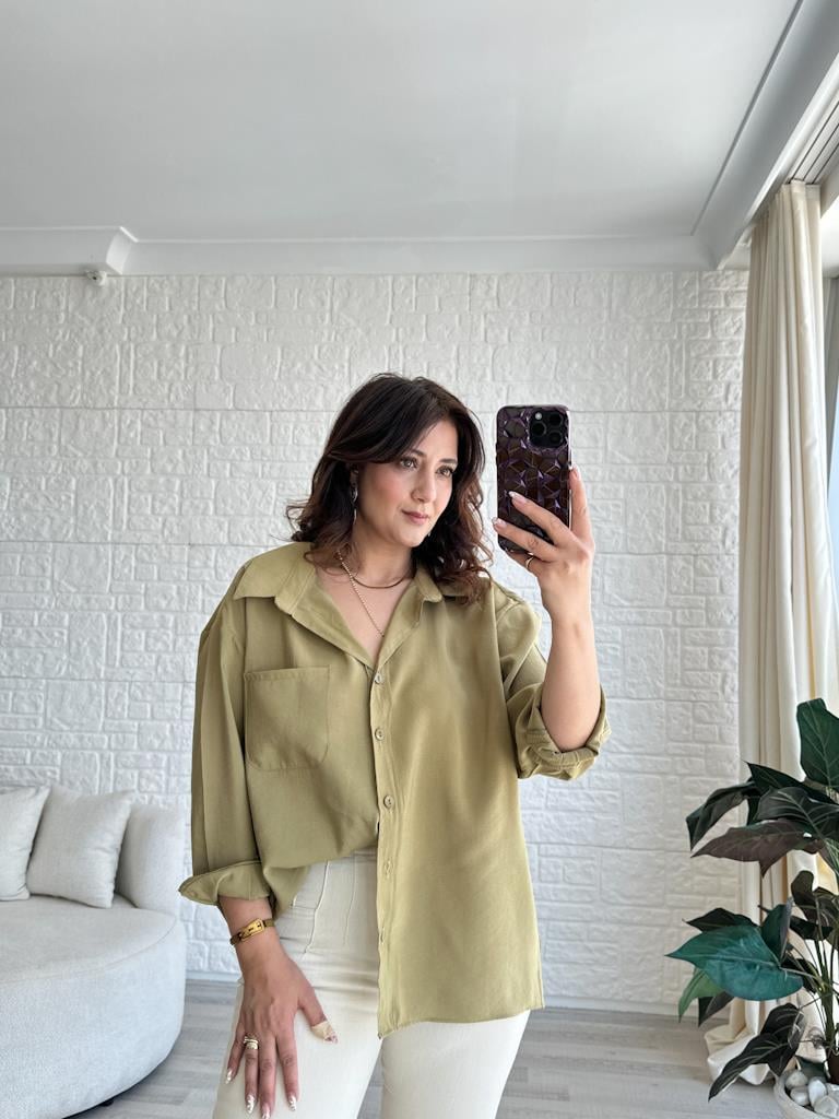 Özel Seri Cepli Modal Kumaş Salaş Gömlek Yağ Yeşili