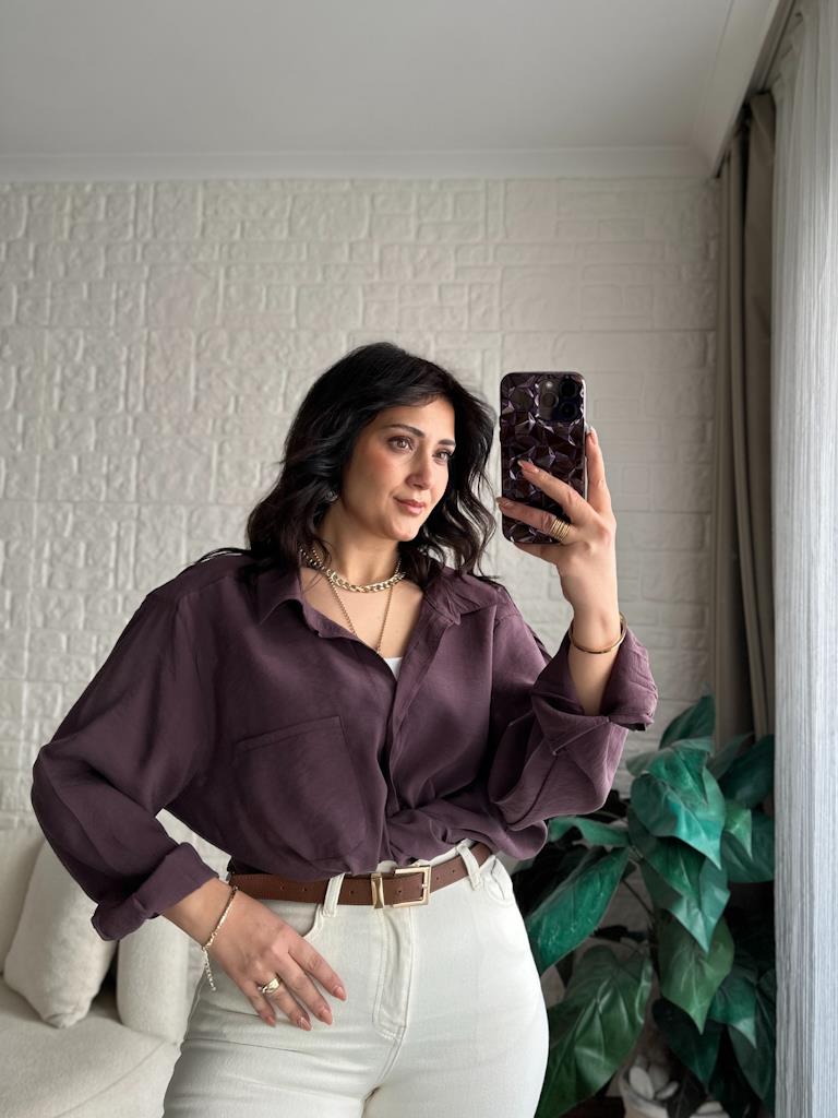 Özel Seri Cepli Modal Kumaş Salaş Gömlek Koyu Mürdüm