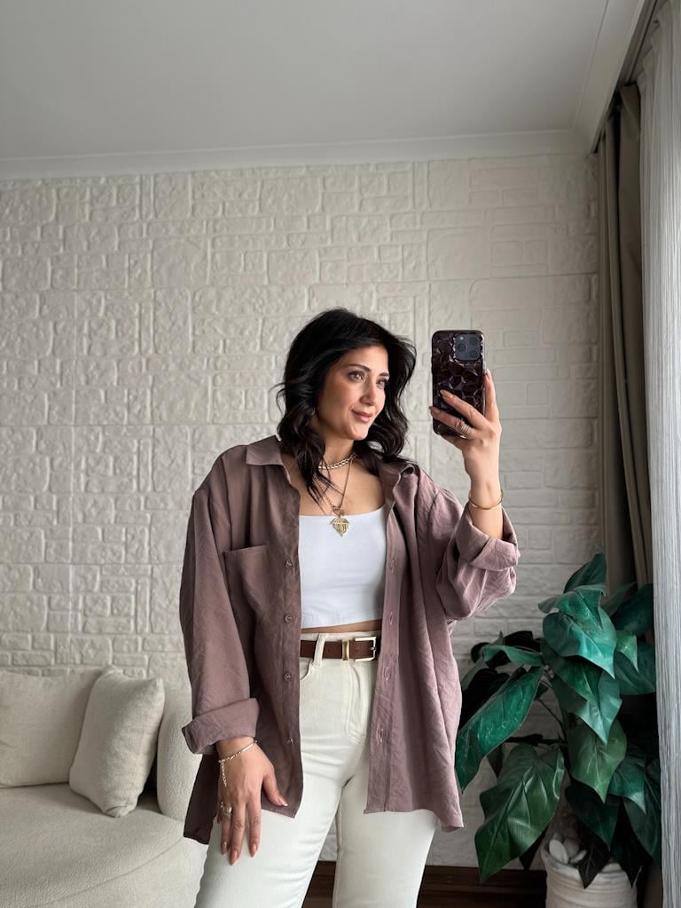 Özel Seri Cepli Modal Kumaş Salaş Gömlek Koyu Vizon