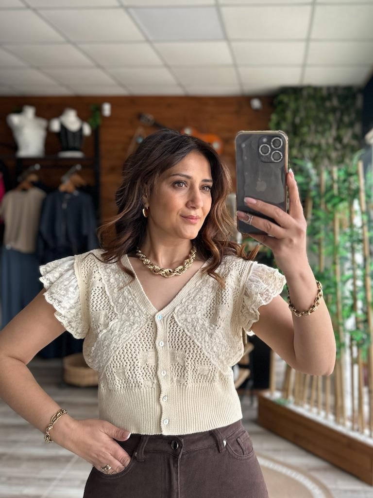 Özel Seri Güpür Dantel Detay Triko Yelek Bluz