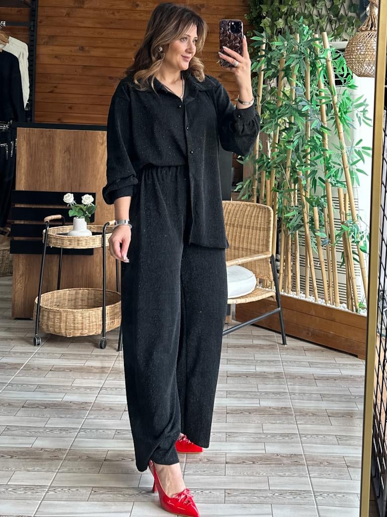 Özel Seri Üçlü Simli Takım Gömlek Pantolon Büstiyrer Siyah