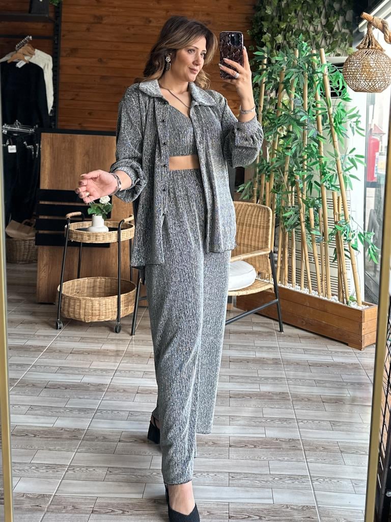 Özel Seri Üçlü Simli Takım Gömlek Pantolon Büstiyrer Gri