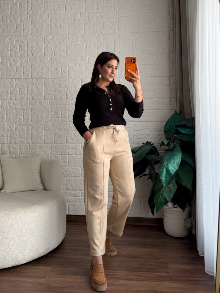 Özel Üretim Beli Lastikli Çıma Dikişli Nubuk Pantolon Bej