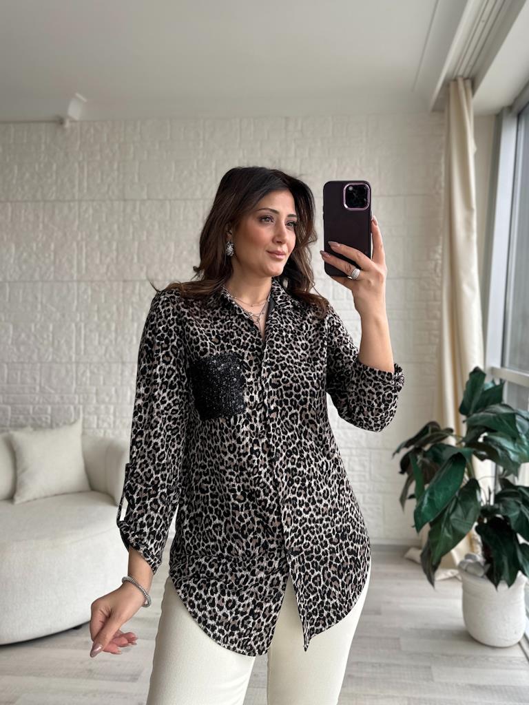 Özel Üretim Leopar Desen Payet Cep Detaylı Kol Düğmeli Gömlek