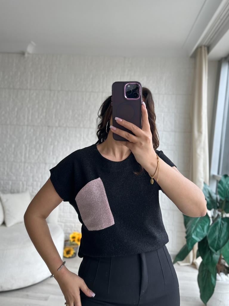 Özel Üretim Sim Detaylı Likralı Bluz Siyah