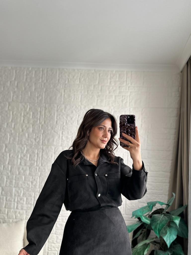 Özel Üretim Süet Over Size Ceket Gömlek Siyah