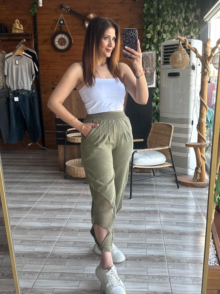 PAÇA DETAYLI OTANTİK İTHAL KETEN ŞALVAR PANTOLON  HAKİ YEŞİL