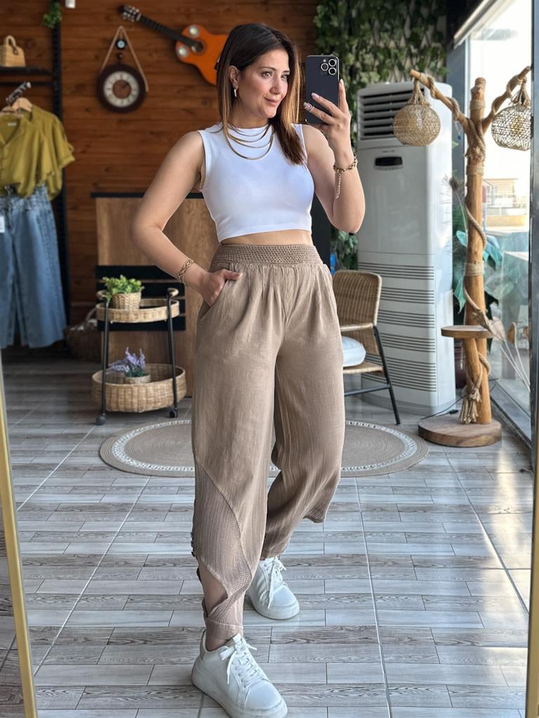 PAÇA DETAYLI OTANTİK İTHAL KETEN ŞALVAR PANTOLON  KAHVERENGİ