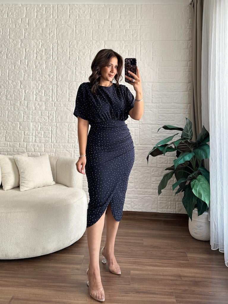 Parıltılı Omuz Drapeli Elbise Lacivert