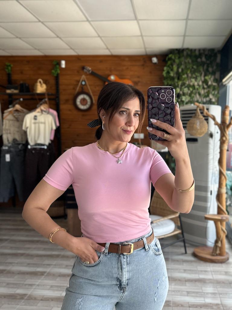 Pembe Bisiklet Yaka Basic  Crop Tişört