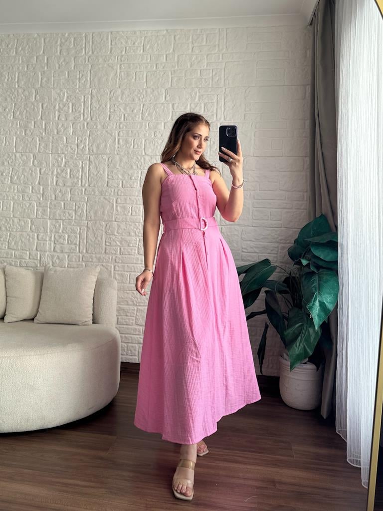 Pembe Kalın Askılı Cepli Tril Yazlık Elbise