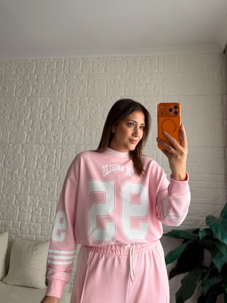 Pembe Los Angeles Baskılı İki İplik Pamuk Crop Sweat