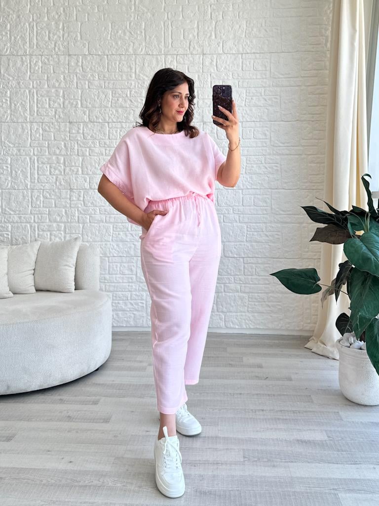 Pembe Müslin Kumaş Bluz Pantolon Takım