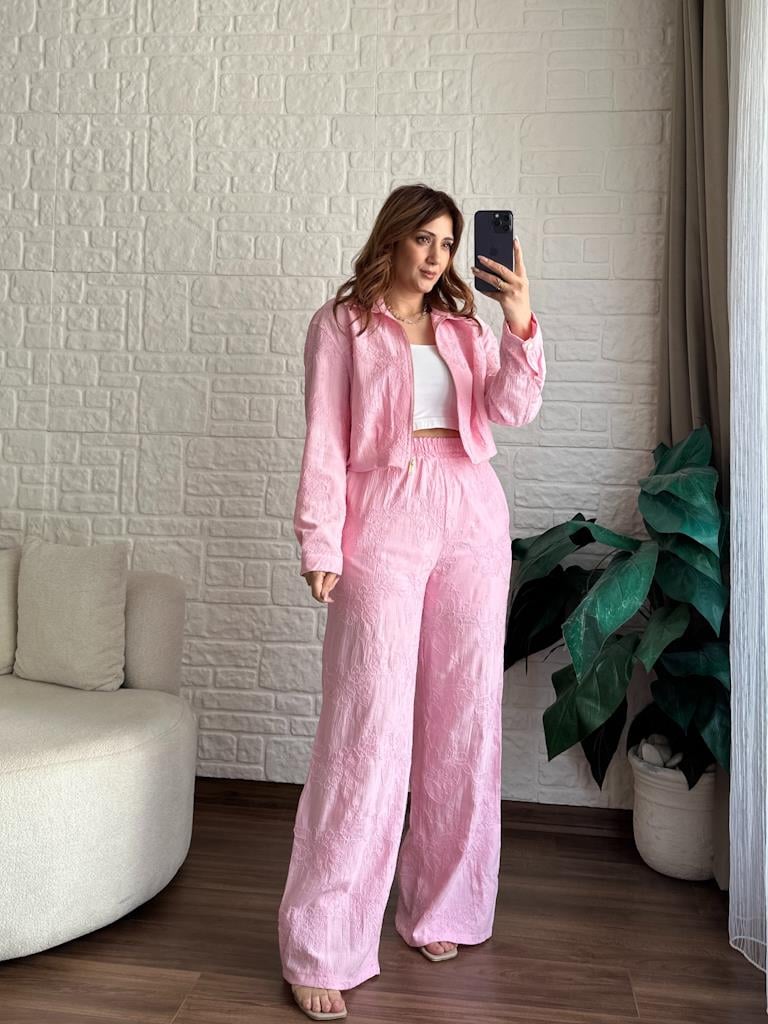 Pembe Nakışlı Fermuarlı Ceket Pantolon Takım