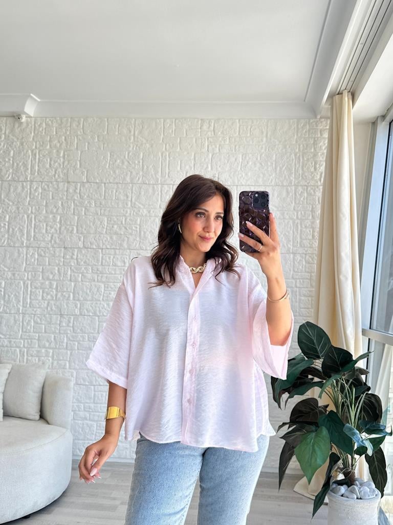 Pembe Oversize Kısa Kol Transparan Tül Gömlek