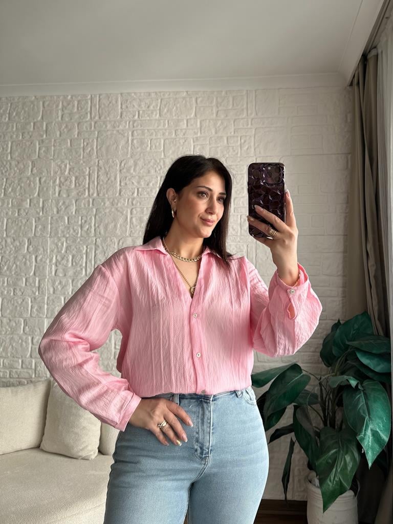 Pembe V Yaka Jakar Desenli Gömlek