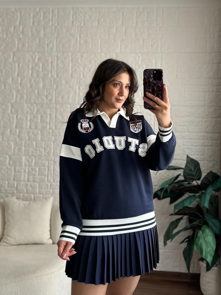 Polo Yaka Ekru Studio Yazı Baskılı Sweatshit Lacivert