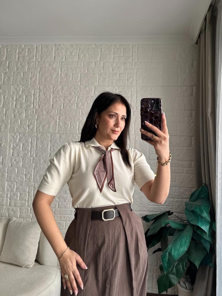 Polo Yaka Fularlı Kısa Kol Premium İnce Triko Bluz Krem