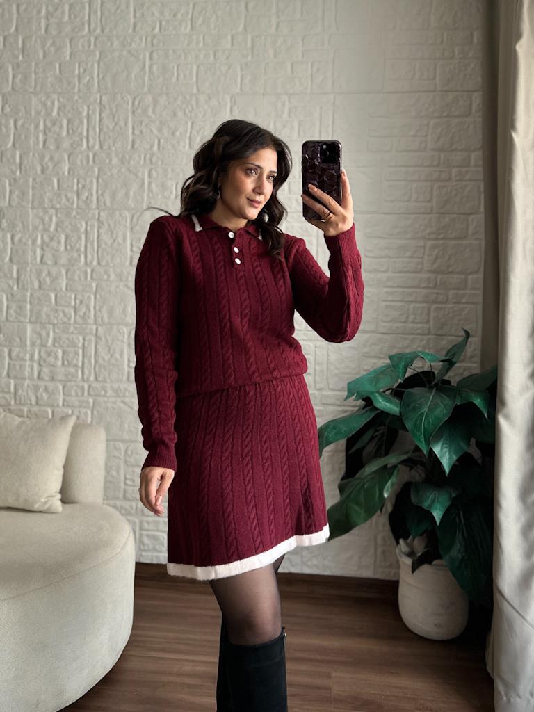 Polo Yaka Geniş Saç Örgü Detay Triko Takım Bordo