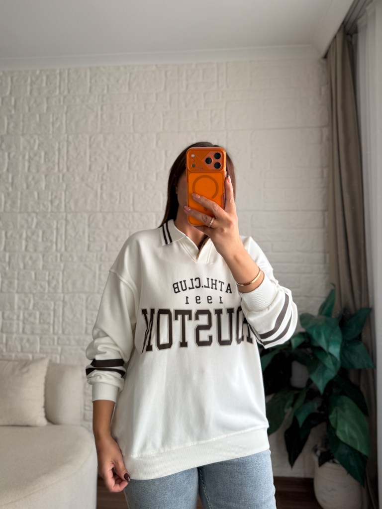 Polo Yaka Houston Baskılı İki İplik Pamuk Sweat Ekru