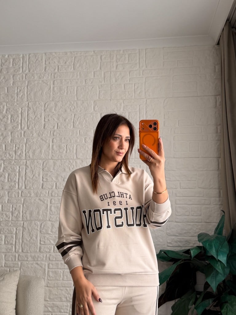 Polo Yaka Houston Baskılı İki İplik Pamuk Sweat Bej