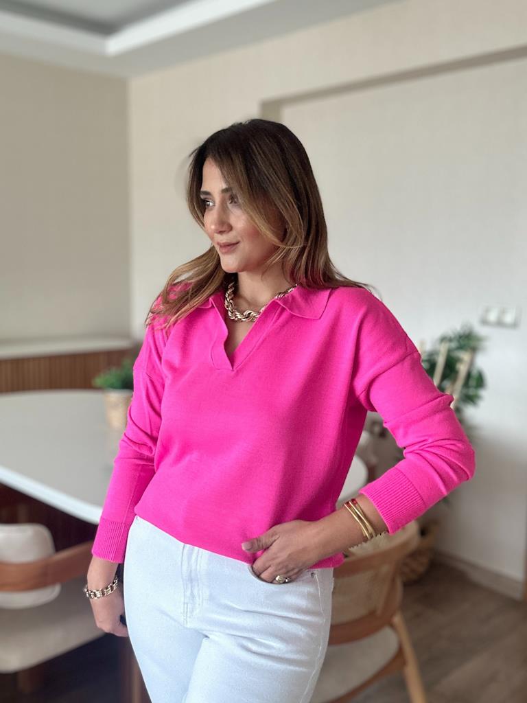 Polo Yaka Neon Pembe İnce Triko