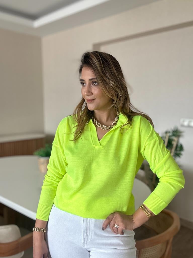 Polo Yaka Neon Sarı İnce Triko