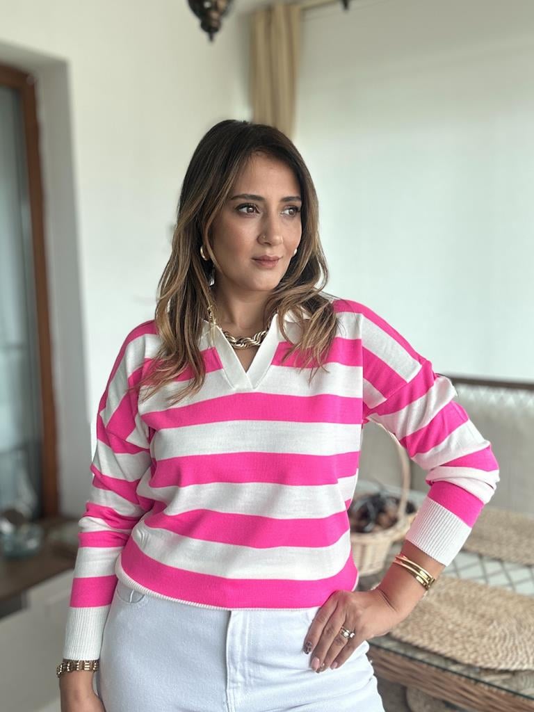Polo Yaka Pembe Beyaz Çizgili Triko