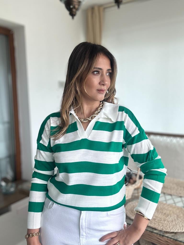 Polo Yaka Yeşil Beyaz Çizgili Triko